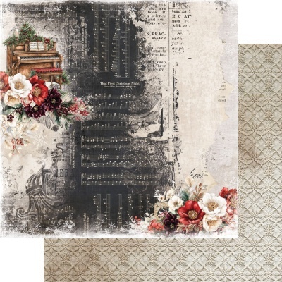 Papel decorativo vintage com piano, flores e partituras de um lado e padrão geométrico bege do outro.