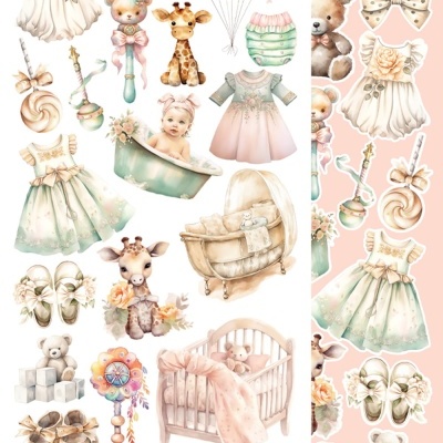 Ilustração de itens para bebé em tons pastel, incluindo roupa, brinquedos, balões, berço e banheira.