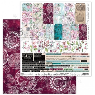 Folha de papel decorativo para scrapbooking com etiquetas florais, texto em inglês e padrões de mandalas brancas em fundo vermelho.