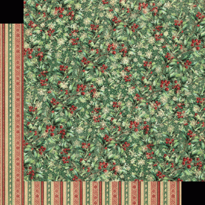 Papel de embrulho com padrão de folhas verdes, bagas vermelhas e moldura riscada colorida