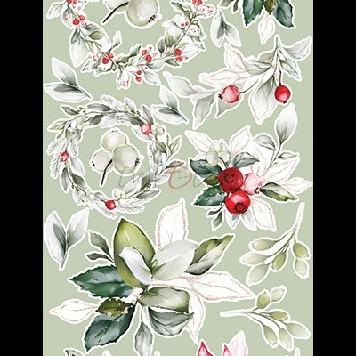 Padrão botânico com coroas de folhas e bagas vermelhas em fundo verde claro