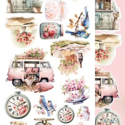 Desenhos decorativos vintage em tons pastel incluindo armário, jarra, relógios, carros, xícaras, pássaros e flores