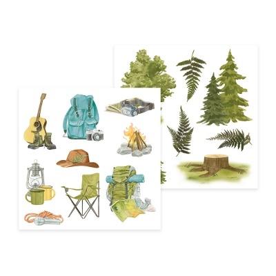 Ilustrações aquareladas de artigos de campismo e elementos da natureza, como árvores e samambaias.