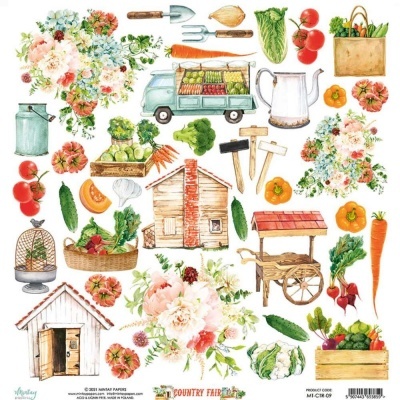 Ilustrações de flores, legumes, carrinhas, ferramentas e casas de madeira coloridas