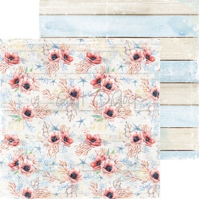 Papel decorativo com padrão floral e marítimo e desenhos de madeira em tons azuis e bege