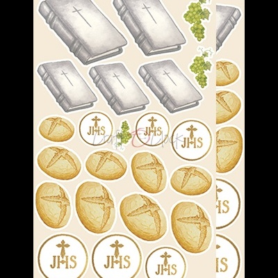 Figuras recortadas de pães, hóstias, livros com cruz e cachos de uvas sobre fundo bege claro