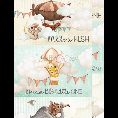 Ilustrações infantis com balão, animais, nuvens e mensagens em inglês