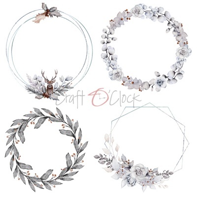 Quatro molduras decorativas em aquarela com flores e folhas cinzentas, bagas e cervo