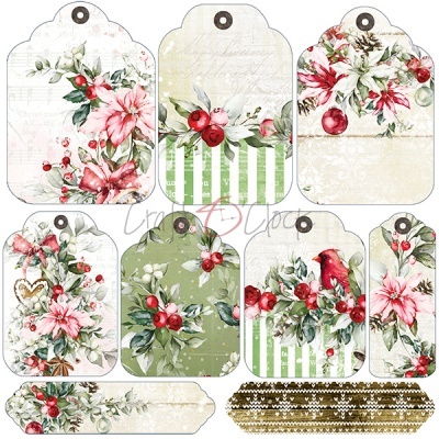 Etiquetas de papel natalícias com flores, bagas e pássaros em tons vermelhos, verdes e rosa