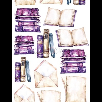 Livros roxos e azuis, cartas e papéis envelhecidos em aquarela