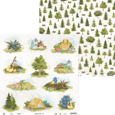 Papel de scrapbook com padrões de árvores e ilustrações de acampamento