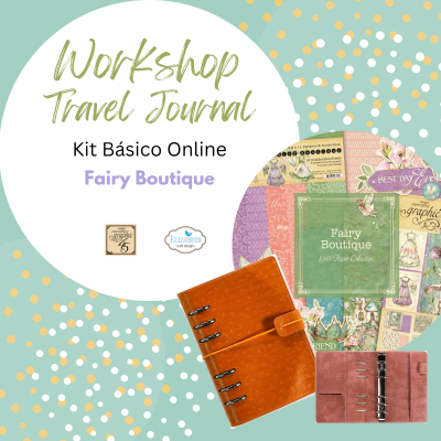 Kit básico online Workshop Travel Journal Fairy Boutique com caderno laranja e papéis decorativos