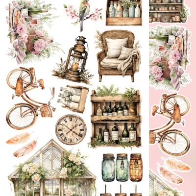 Coleção de ilustrações de objetos decorativos rústicos com plantas, bicicletas, móveis em madeira e vidro.