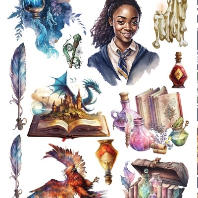 Ilustrações fantasia com livros, poções, personagens, fénix e elementos mágicos