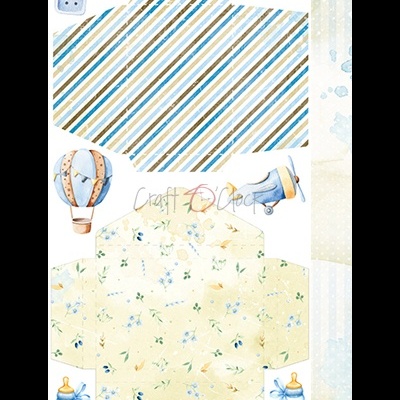 Molde de caixa de papel com decoração infantil azul e amarela.