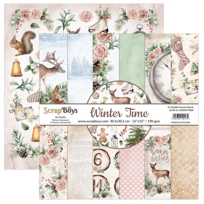 Papel de scrapbooking com temas de inverno e animais em tons pastel.