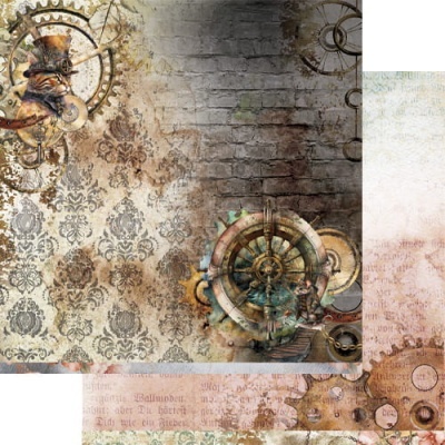 Papel de parede vintage com padrão steampunk de engrenagens e texturas de tijolo e arabescos