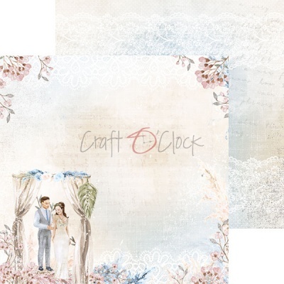 Papel decorativo para scrapbook tema casamento com casal de noivos e flores em tons pastel