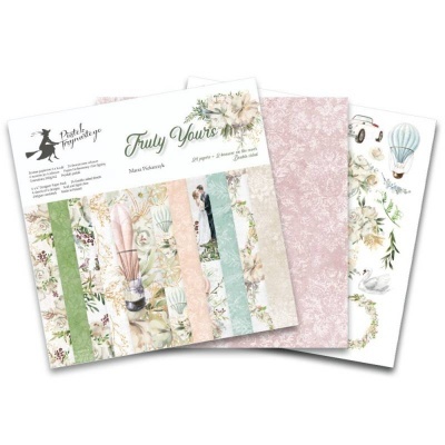 Conjunto de papéis decorativos com estampas florais, lisas e balão de ar quente