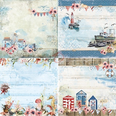 Papel decorativo quatro padrões temas marítimos com flores, barcos, cabines, âncoras e gaivotas