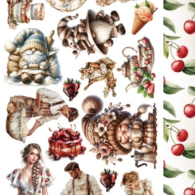 Colagem de ilustrações de personagens, comida, utensílios e padrão de cerejas