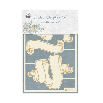 Pacote de embellishments Light Chipboard com ilustrações de pergaminhos em fundo azul