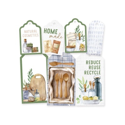 Etiquetas decorativas com desenhos e texto sobre cosméticos naturais e reutilização