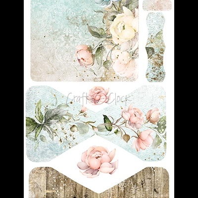 Etiquetas decorativas florais com fundo azul, bege e madeira