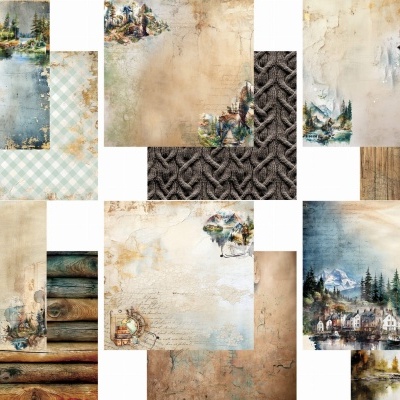 Folhas decorativas com motivos naturais e padrões rústicos em azul, castanho e tons terrosos