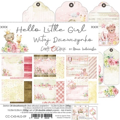 Folha de papel decorativo Hello Little Girl com padrões florais, ursos e texto em inglês e polaco para artesanato.