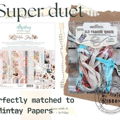 Conjunto de papéis decorativos e fitas antigas em tecido colorido com etiquetas visíveis