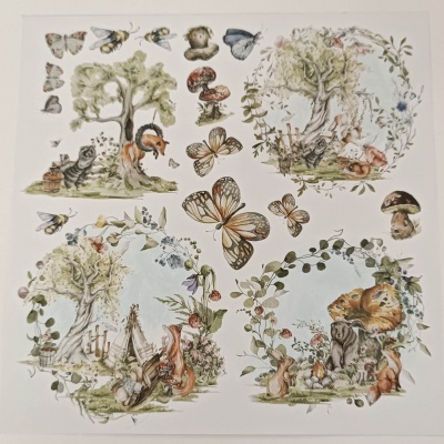 Folha decorativa com ilustrações de animais e natureza em fundo branco