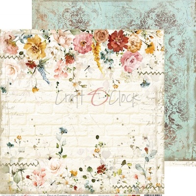 Papel decorativo com estampado floral colorido e padrão envelhecido azul no verso