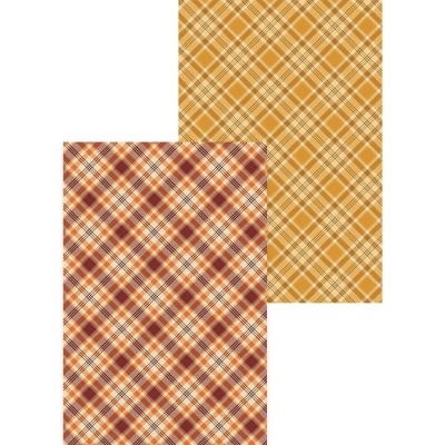 Dois tecidos com padrão xadrez em cores castanho, vermelho e amarelo mostarda.