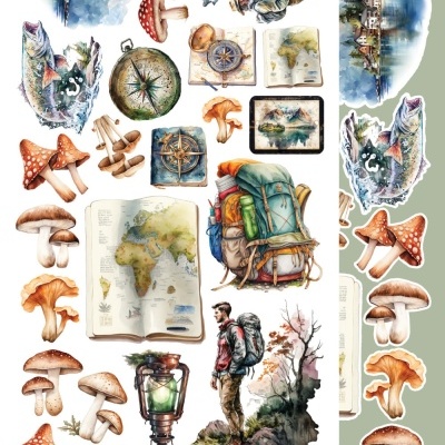 Folha com ilustrações aquarela de aventuras outdoor como mapas, bússolas, cogumelos, mochila e homem a explorar.