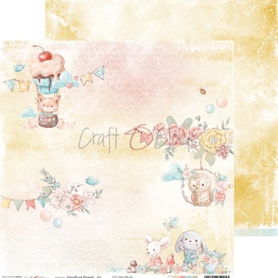 Papel decorativo infantil com cupcake, animais, flores e bandeirolas em tons pastel