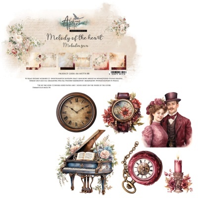 Imagens decorativas vintage com relógios, piano, casal à época, vela e flores