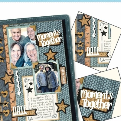 Conjunto de páginas de scrapbooking decoradas com fotos, texto recortado e estrelas de papel