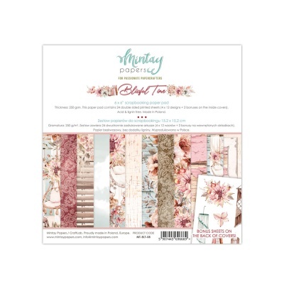 Papel scrapbooking florais rosa e bege com embalagem branca e texto Montag papers