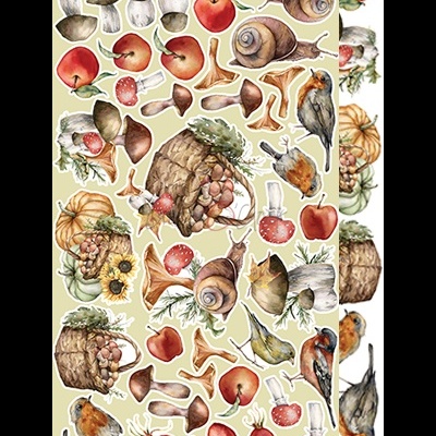 Papel decorativo com estampado de caracóis, maçãs, cogumelos, cestos e pássaros