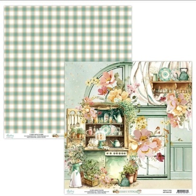 Papel decorativo para scrapbooking com ilustração de cozinha e padrão xadrez