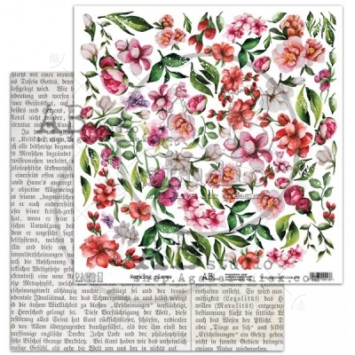 Papel decorativo com padrão floral colorido e texto em alemão na borda