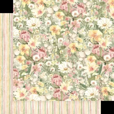 Papel de parede floral com faixa lateral listrada em tons pastéis