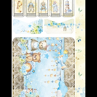 Estampado infantil de ursos e castelo em tecido azul e bege com etiquetas e faixas decorativas