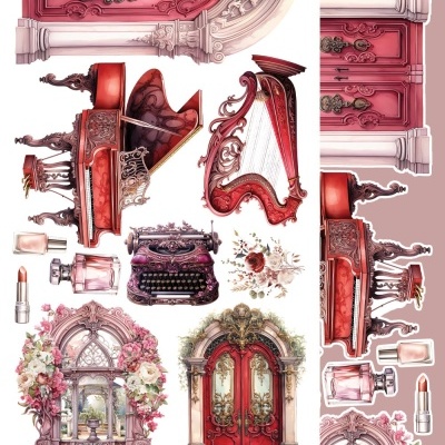 Imagens decorativas de portas, piano, harpa, máquina de escrever, flores e maquilhagem em tons vermelhos e dourados