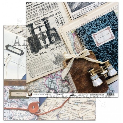 Artigos vintage sobre mapas antigos, jornais em espanhol, caderno azul marmoreado com etiqueta manuscrita, binóculos dourados e envelope com cordão vermelho.