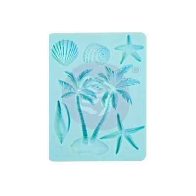 Moldes de silicone azuis com formas de conchas, estrela-do-mar e palmeiras