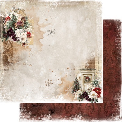 Papel decorativo natalício com flores, pinheiros, porta decorada e flocos de neve