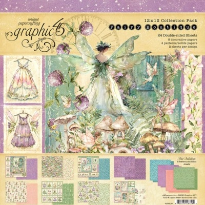 Pack de papéis decorativos Graphic 45 Pixie Dust com imagens de fadas, flores e vestidos em cores pastel.