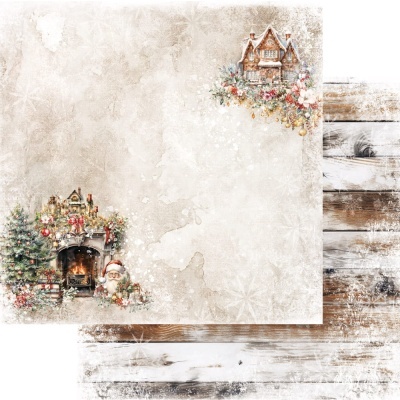 Papel decorativo de Natal com chaminé, lareira, árvore de Natal, Papai Noel, casa e textura de madeira